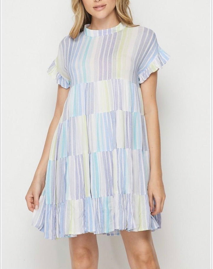 Multi Color Stripe Ruffle Sleeve Tiered Dress