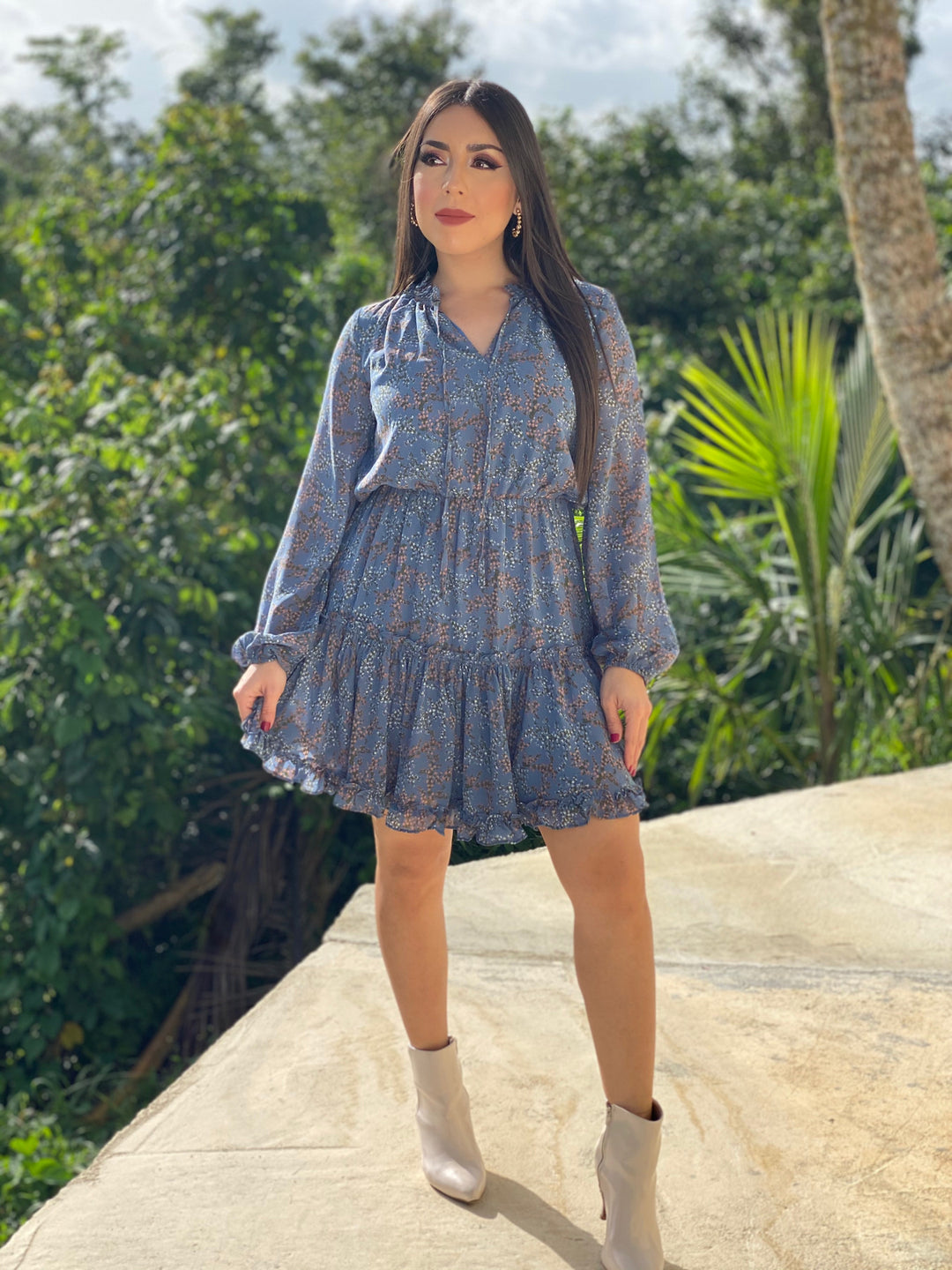 LONG SLEEVE RUFFLE WITH TIE NECK DRESS
