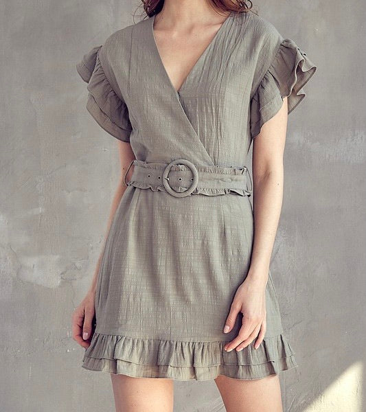 BELTED RUFFLE V NECK MINI DRESS