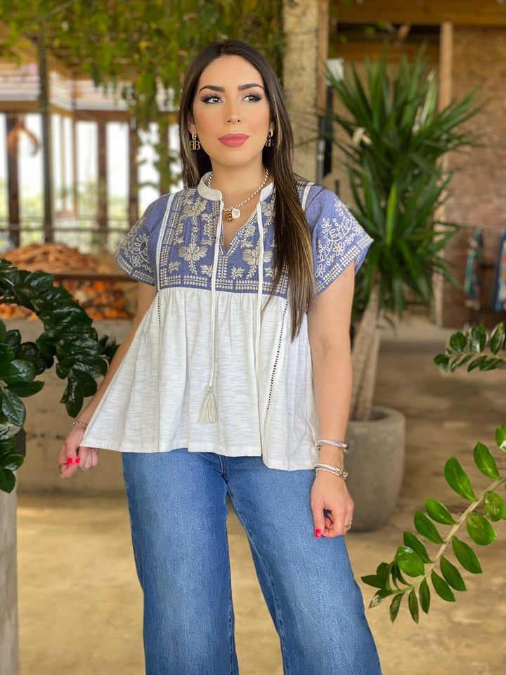 Embroidered Tassel Tie Top