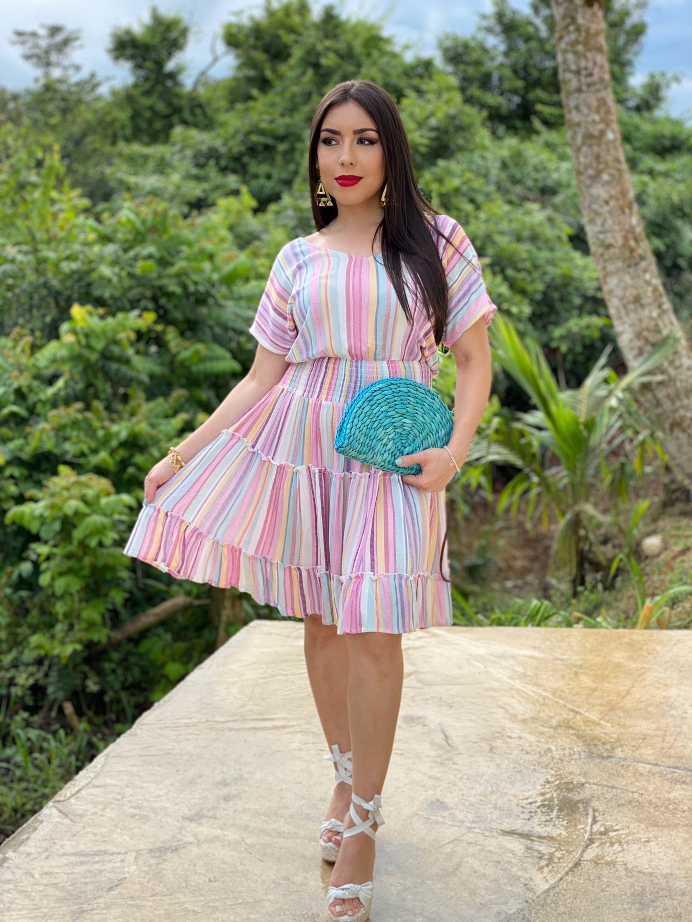 Multi-Color Stripe Printed Tiered Dress