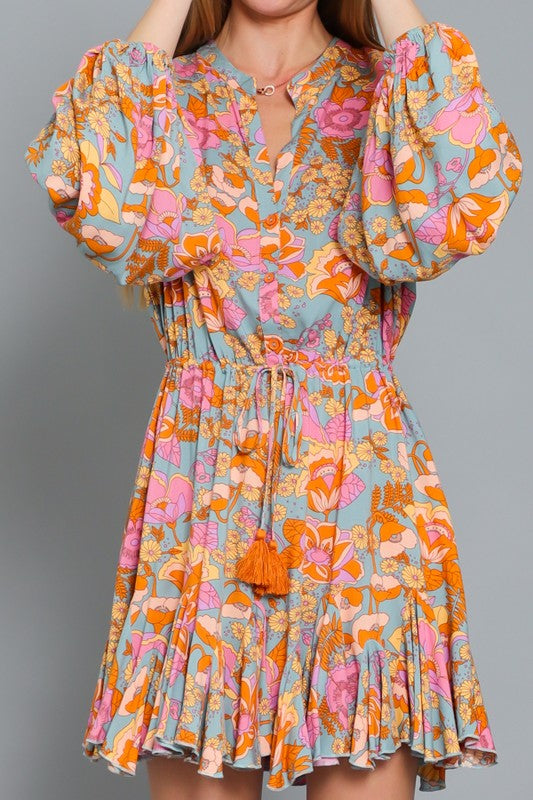 Long Puff Sleeve Floral Mini Dress
