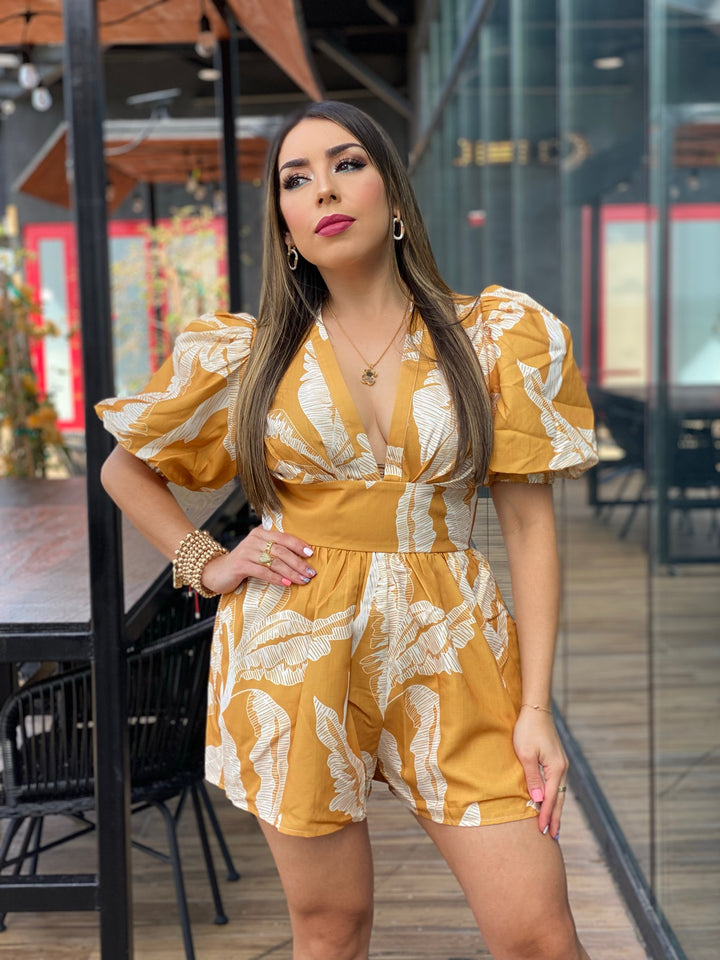 Surplice Romper with Leaves Print