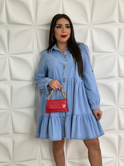 BUTTON DOWN TIER DENIM DRESS