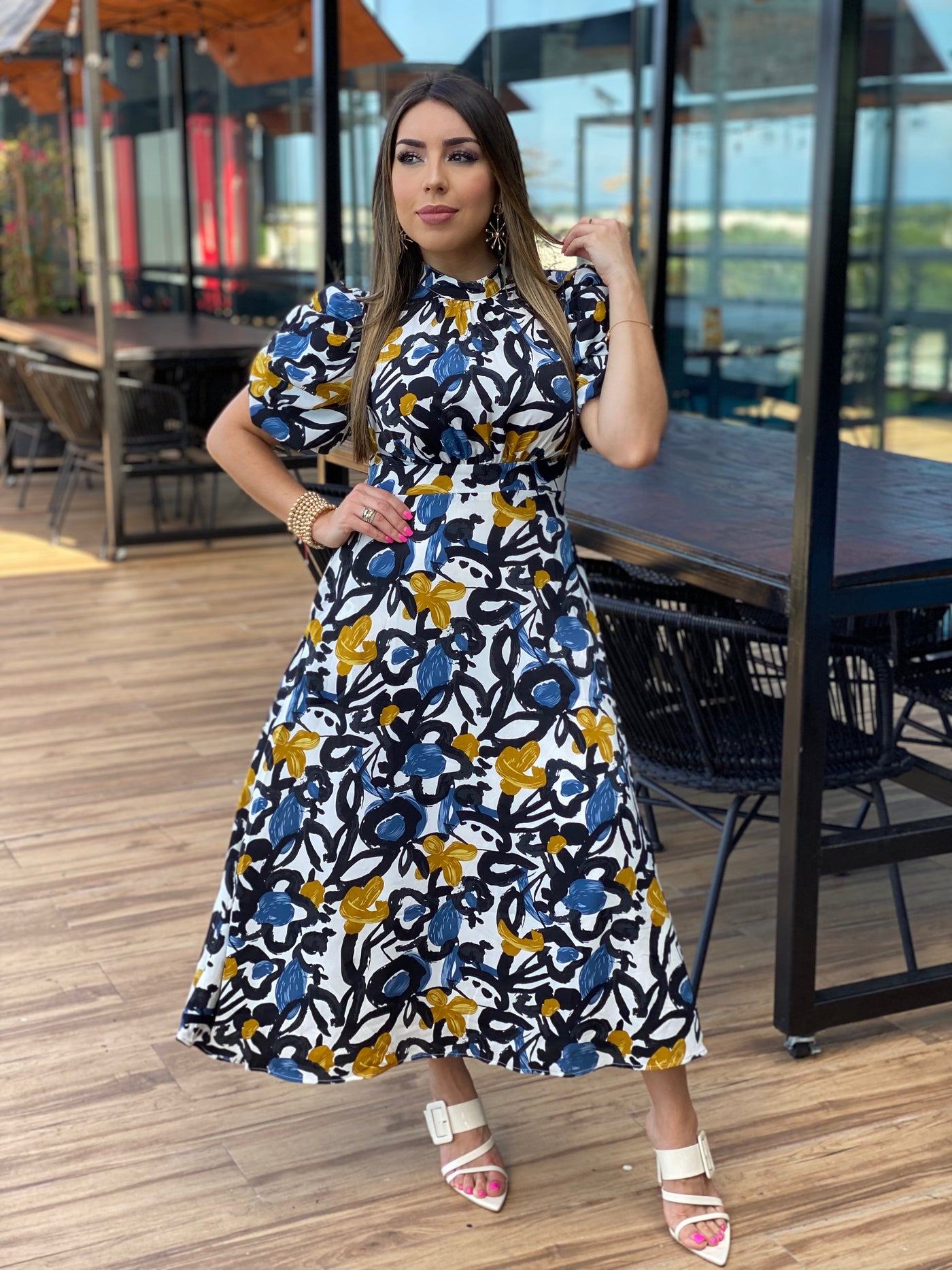 Floral Print Puff Sleeve Back Bow Dress