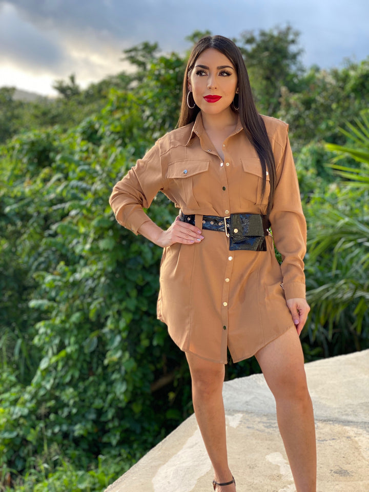 Camel Shirt Dress with Belt