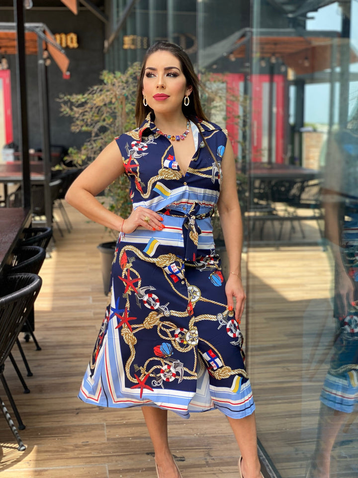 Marine Print Midi Dress