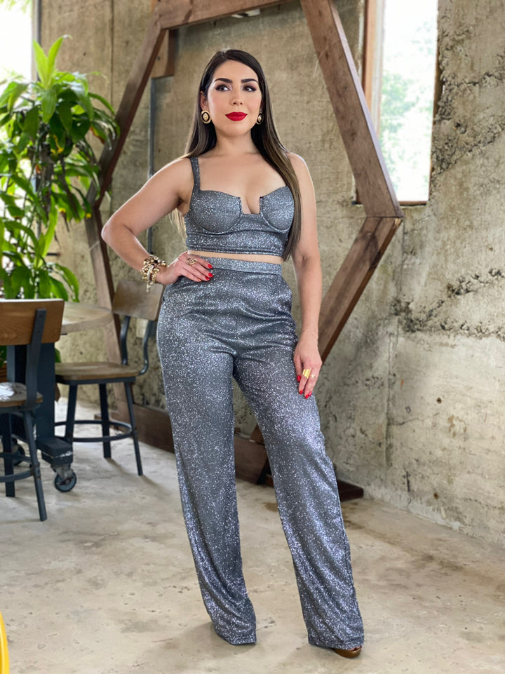 Glitter Silver Pant Set