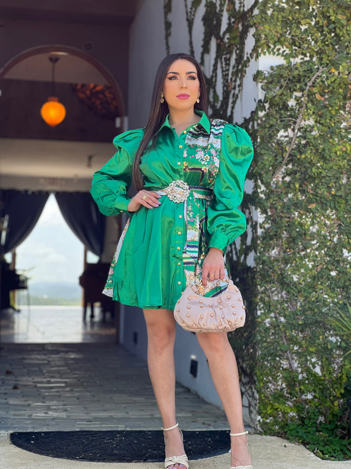 Green Color Block Satin Dress