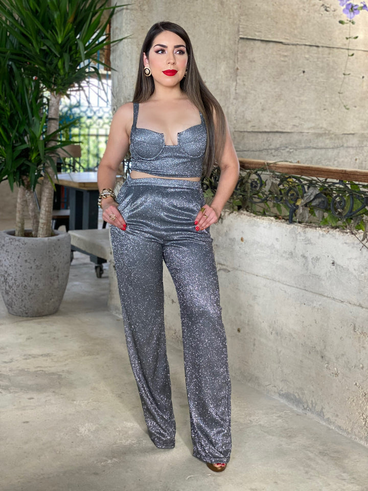 Glitter Silver Pant Set
