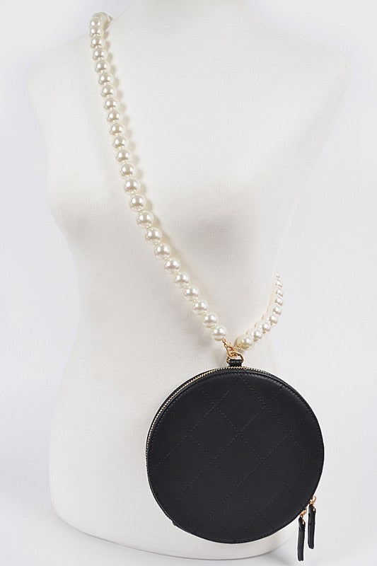 Quilted Round Clutch W Long Pearl Strap