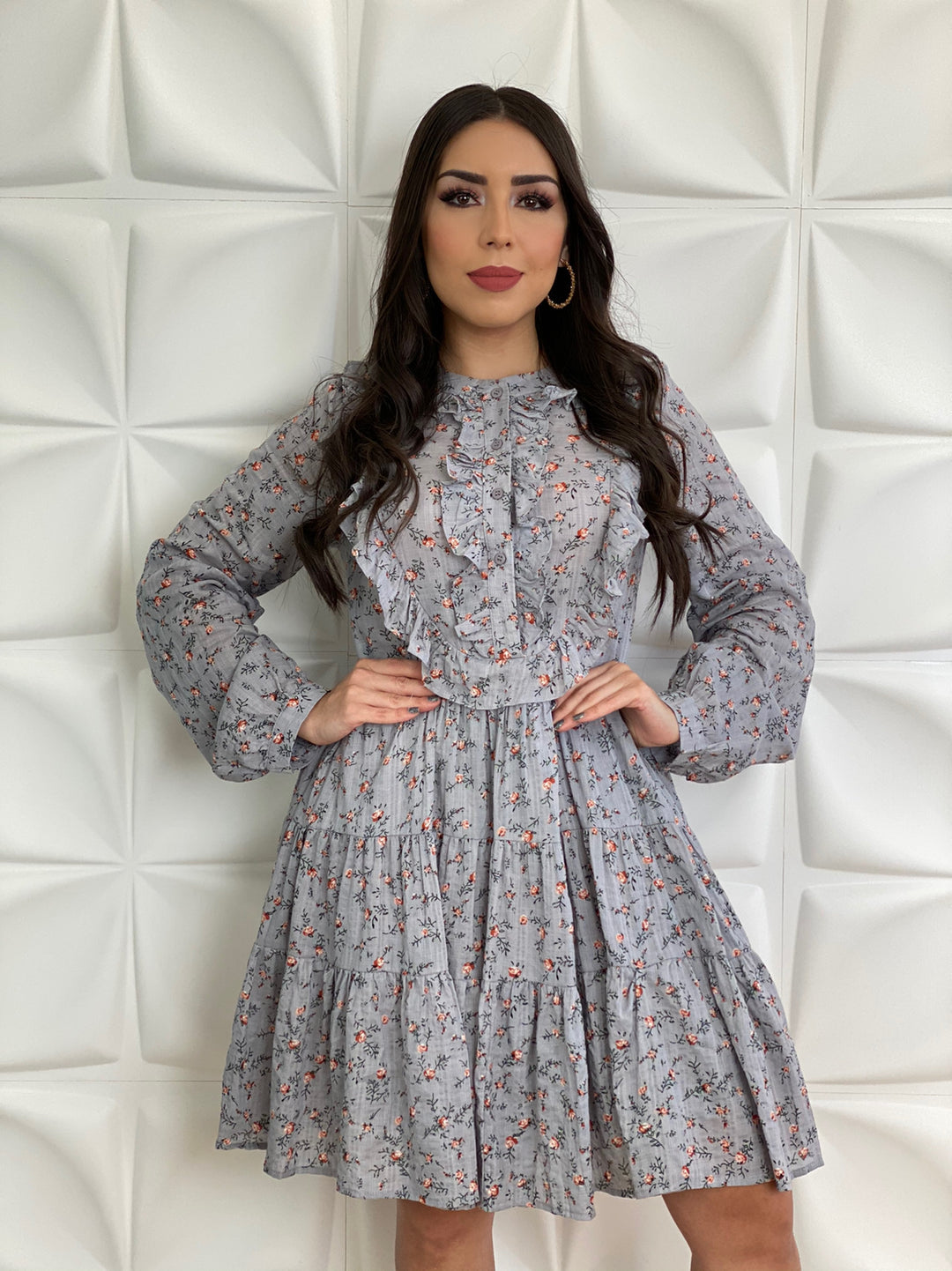 LONG SLEEVE BUTTON DOWN RUFFLED DRESS