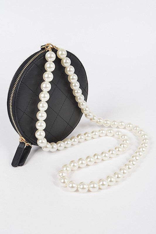 Quilted Round Clutch W Long Pearl Strap
