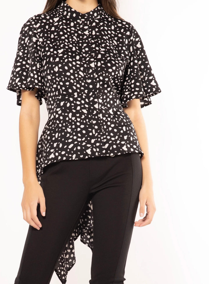 High-Low Button-Up Blouse with Speck Print