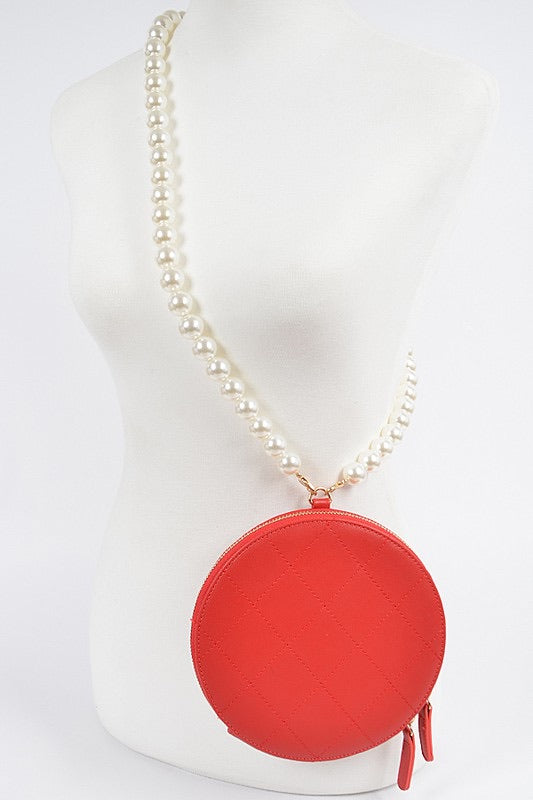 Quilted Round Clutch W Long Pearl Strap