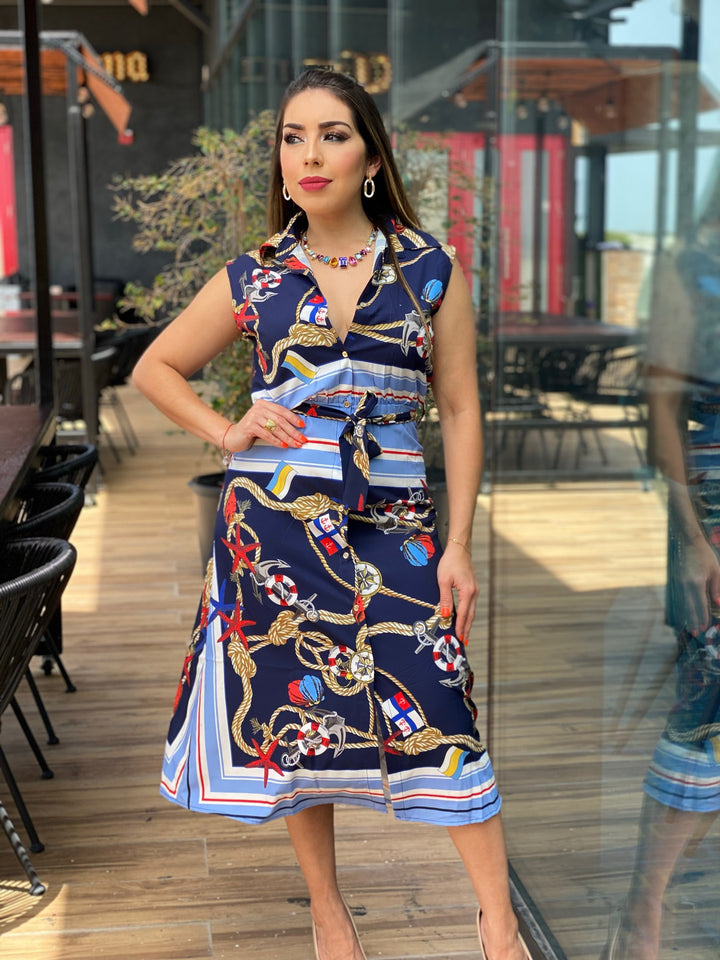 Marine Print Midi Dress