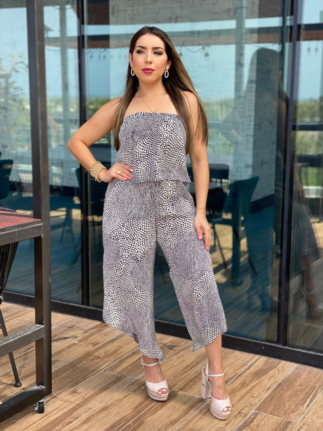 Mixed Dot Slanted Hem Strapless Jumpsuit