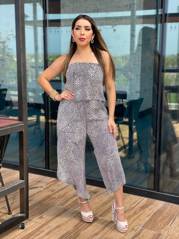 Mixed Dot Slanted Hem Strapless Jumpsuit