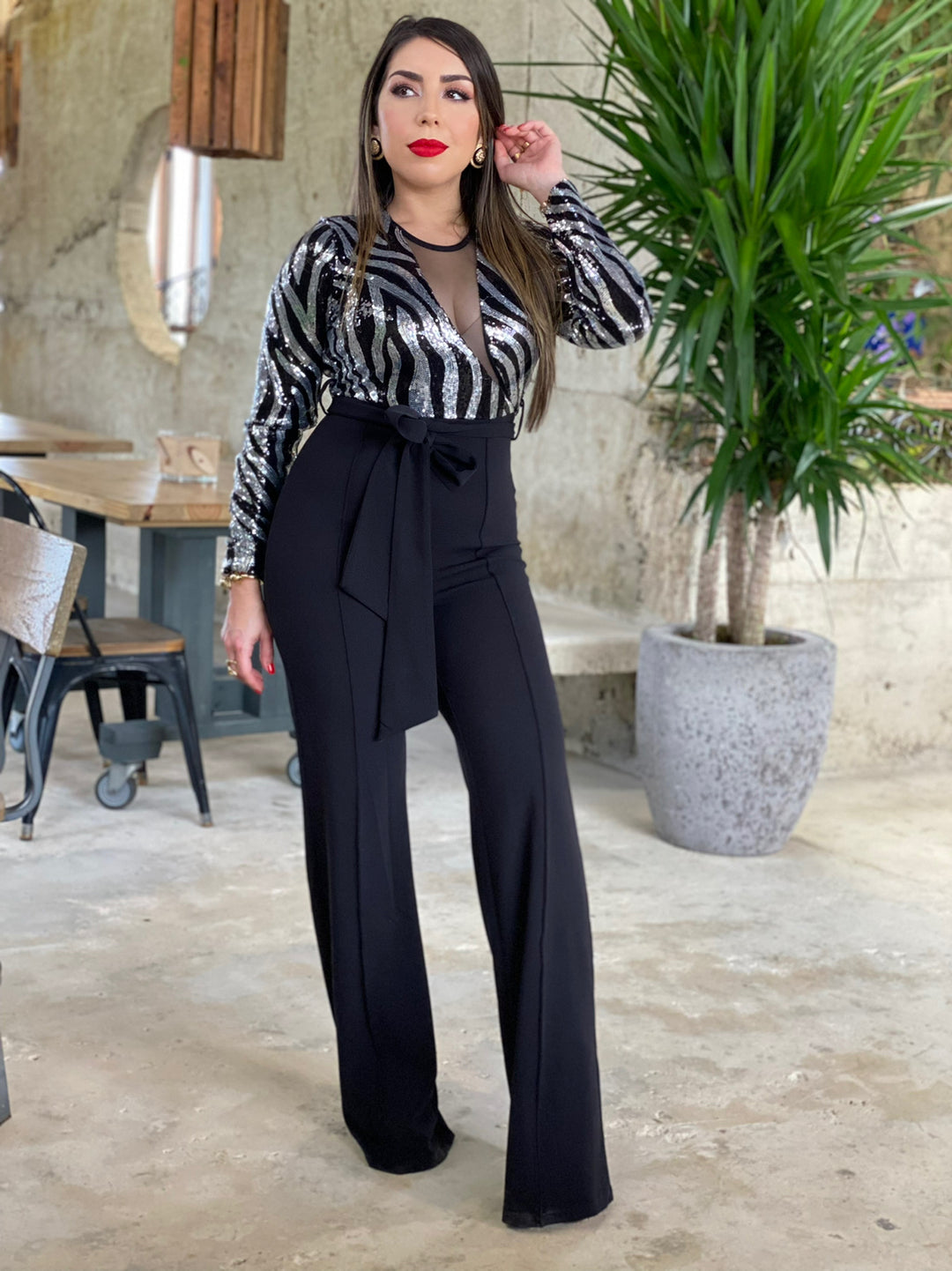 Sequined Zebra Pattern Jumpsuit