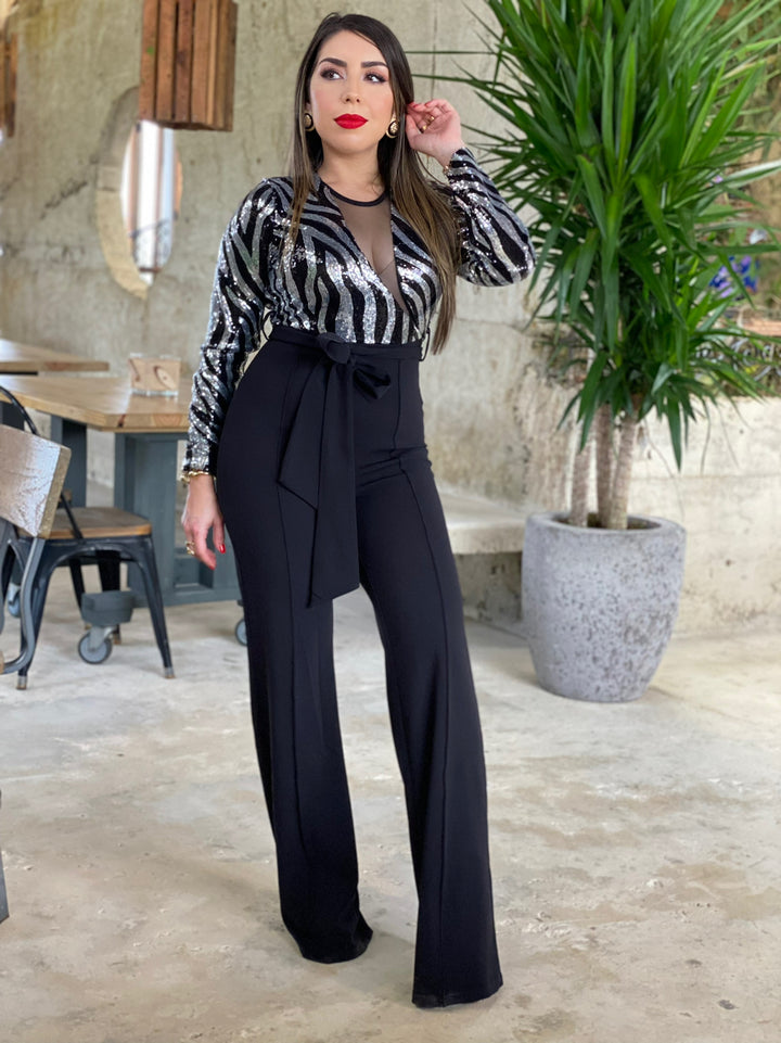 Sequined Zebra Pattern Jumpsuit
