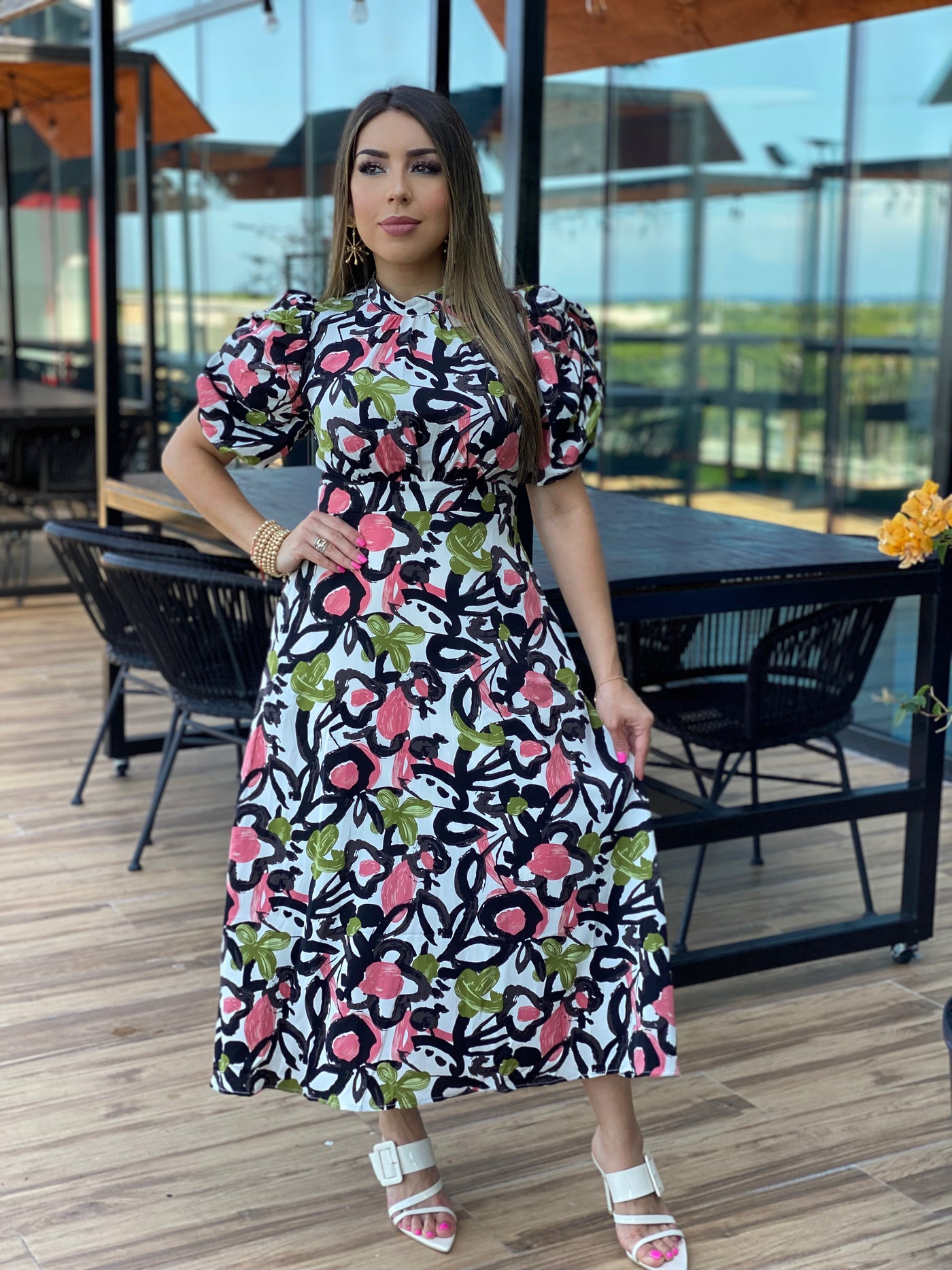 Floral Print Puff Sleeve Back Bow Dress