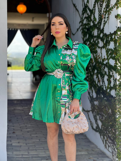 Green Color Block Satin Dress