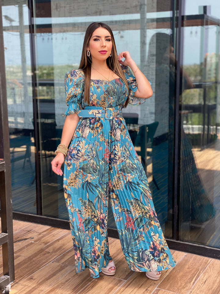 Leaf Pleated Wide-Leg Jumpsuit
