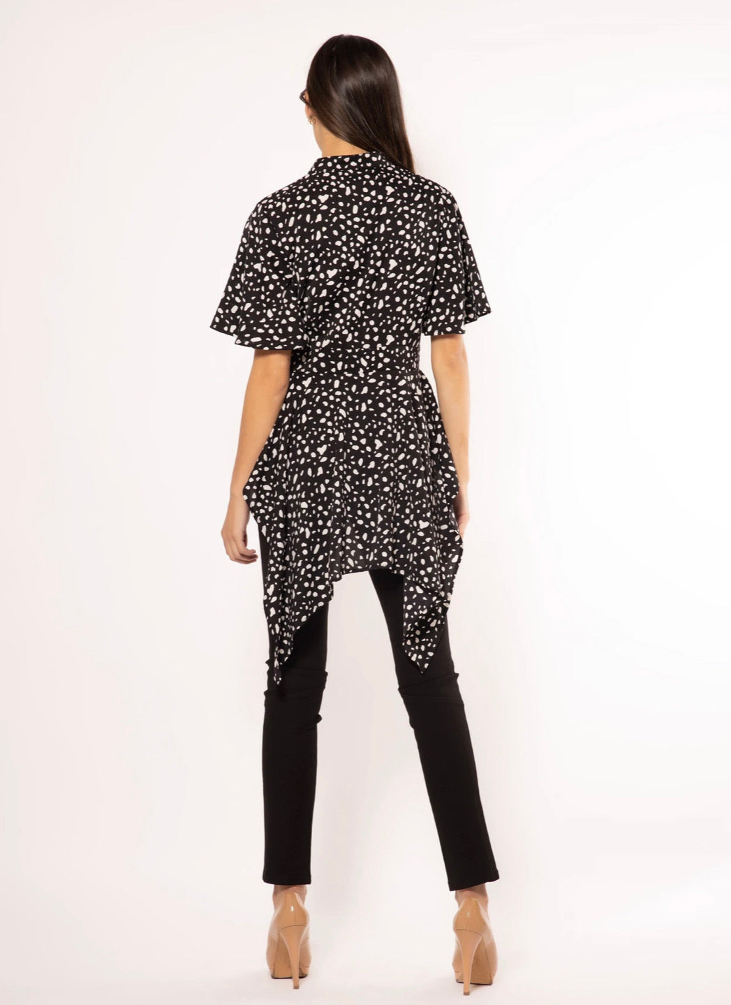 High-Low Button-Up Blouse with Speck Print