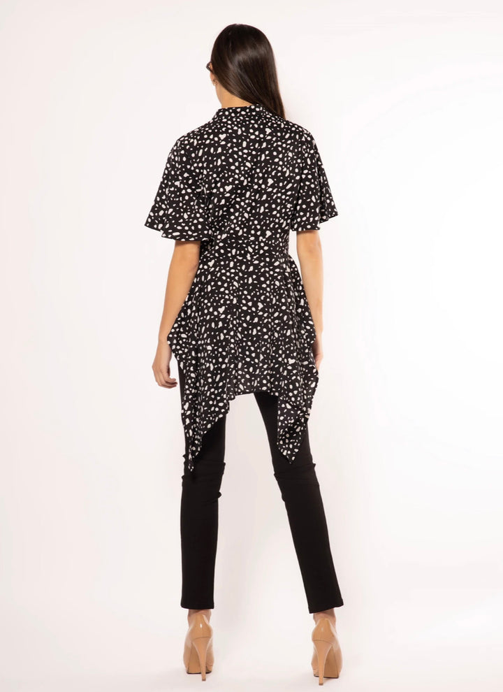 High-Low Button-Up Blouse with Speck Print