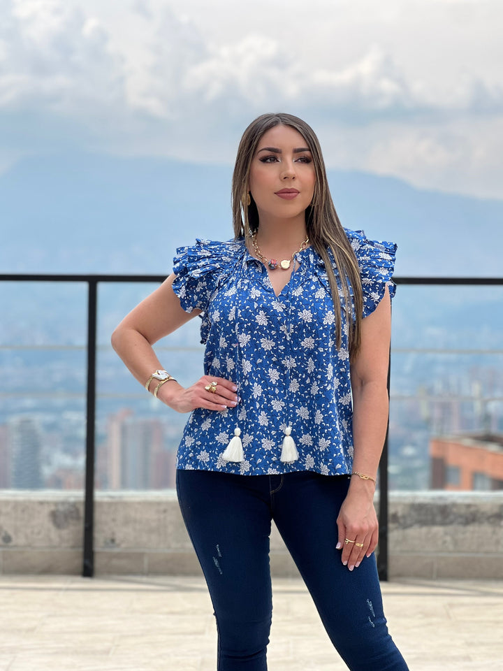 Flower Print Ruffle Sleeve Top