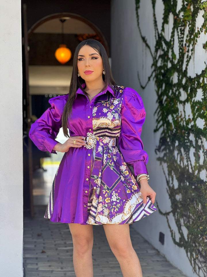 Purple Color Block Satin Dress