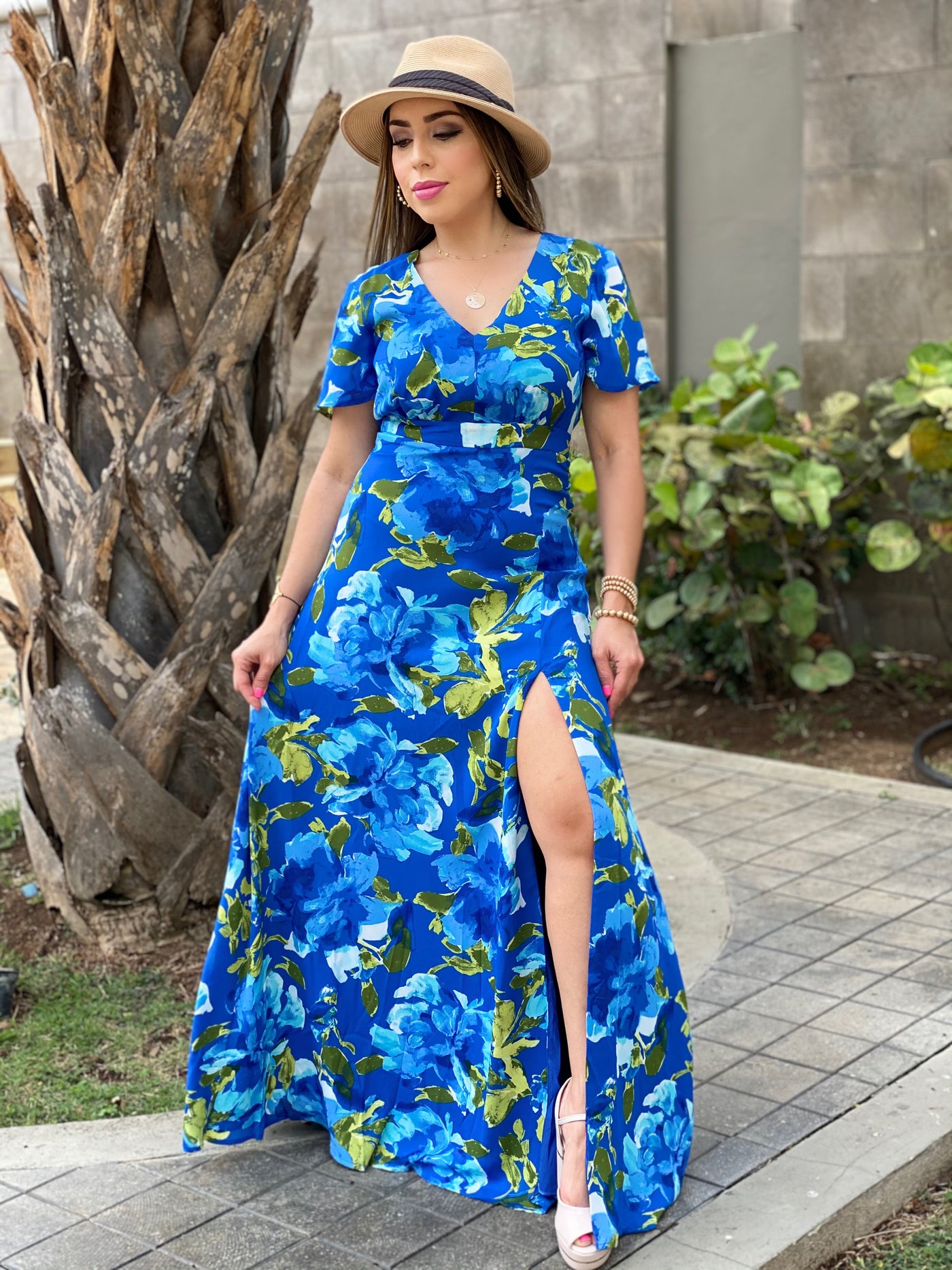 Short Sleeve Floral Maxi Dress with Slit