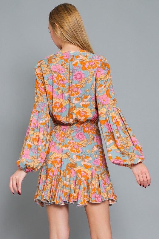 Long Puff Sleeve Floral Mini Dress