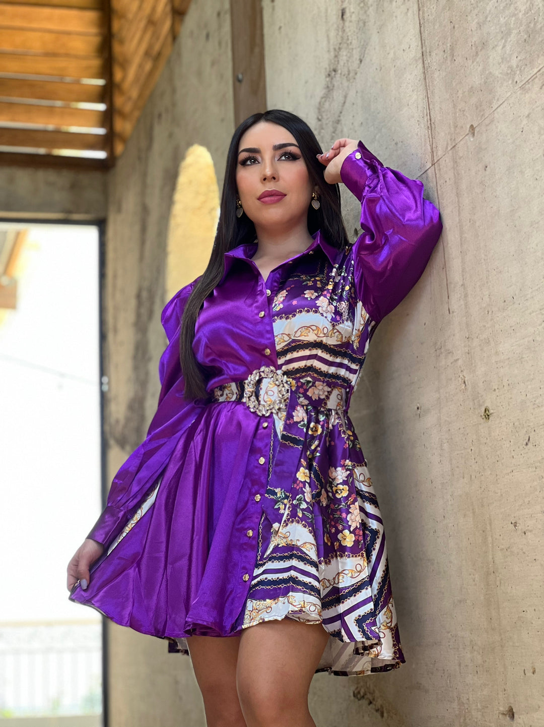 Purple Color Block Satin Dress
